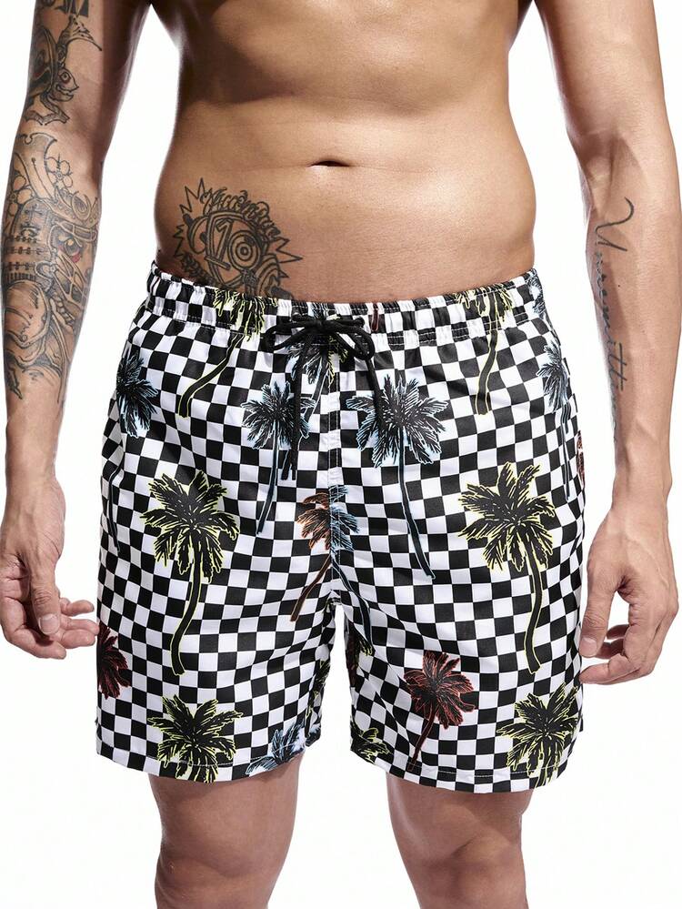 Men Vacation Casual Checkered Coconut Tree Printed Beach Shorts