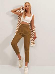 SHEIN Cottnline Solid Color Pleated Fold Over Tapered Capri Pants - Camel - View 3