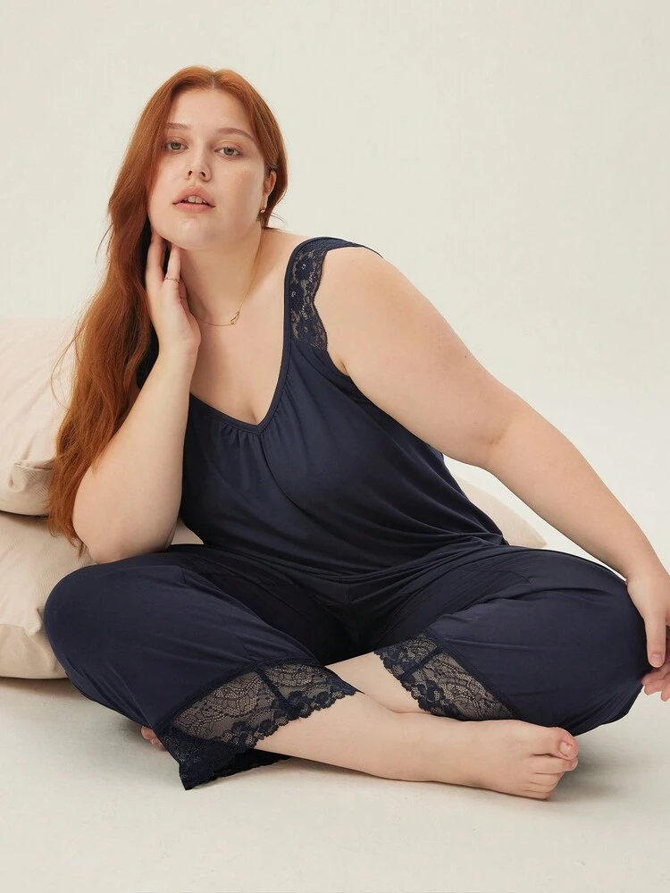 Women Plus Super Soft TENCEL™  Modal With Lace Cami &  Pants Pajama Set Lounge Set