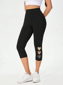 SHEIN Essnce 女式心形图案印花休闲针织短款紧身打底裤，夏季 - 黑色 - 查看 3