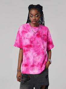 SHEIN EZwear Mulheres de Verão Camiseta Rosa Decote Solto Tingida com Amarrar e Mangas Curtas Rasgadas - Rosa - Ver 6