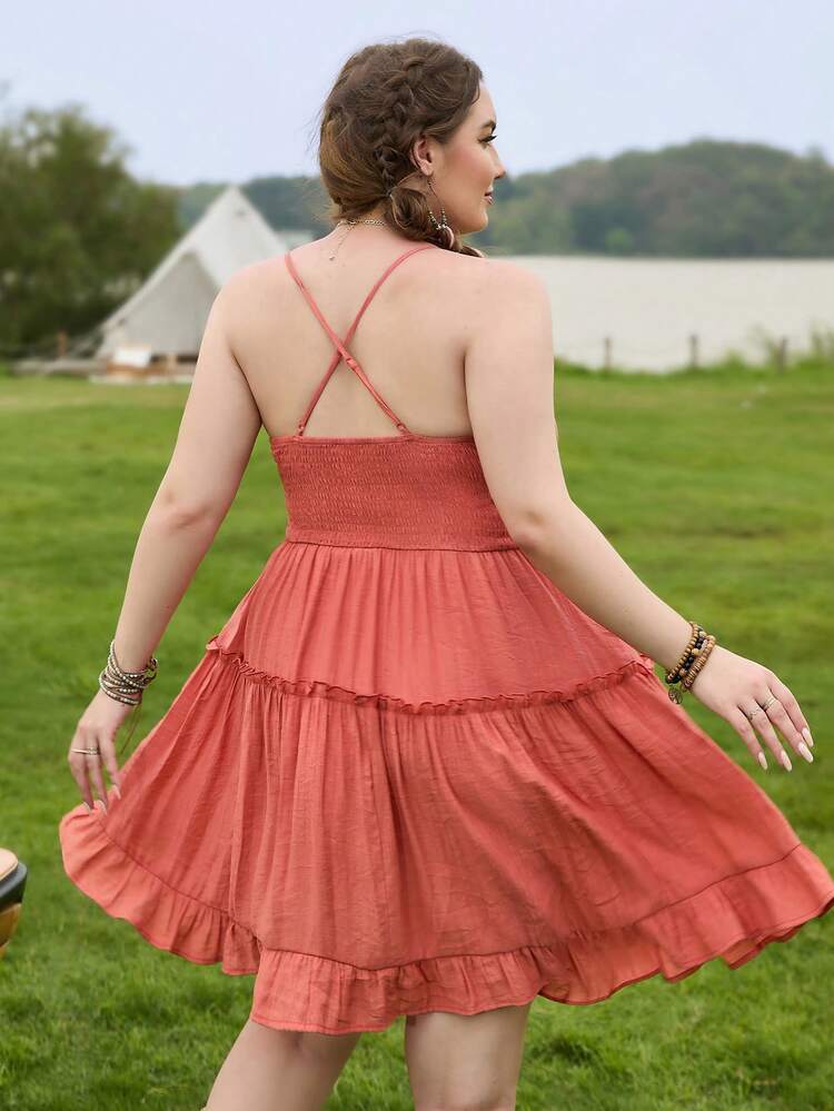 WYWH Women Casual Plus Size Lace Splice National Style Strappy A-Line Beach Holiday Dress