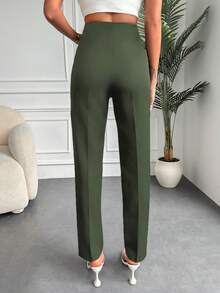 SHEIN Cottnline High Waisted Solid Color Suit Pants - Olive Green - View 2
