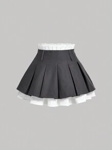SHEIN MOD Women's Summer Contrast Color Double Layer Gray Mini Skirt,Women Bottoms - Grey - View 1