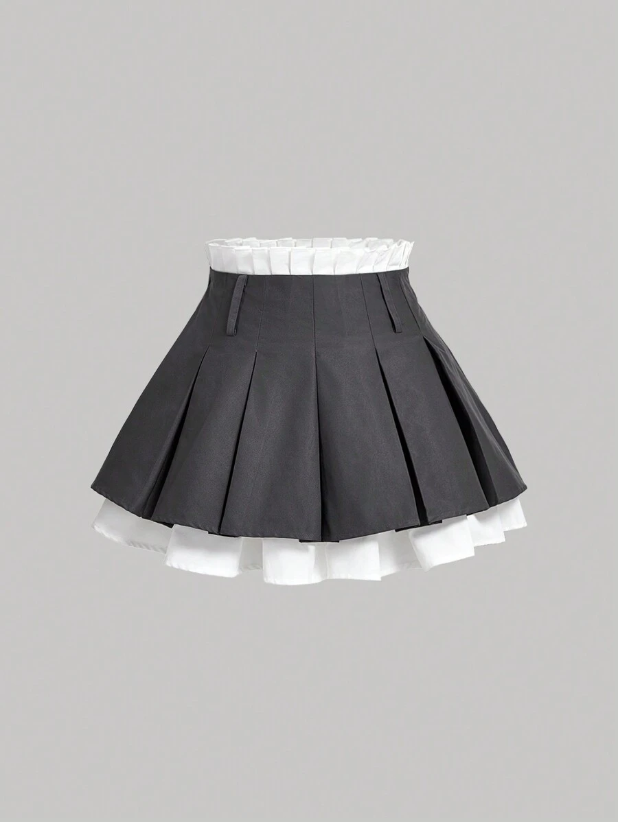SHEIN MOD Women's Summer Contrast Color Double Layer Gray Mini Skirt,Women Bottoms - Grey - View 1