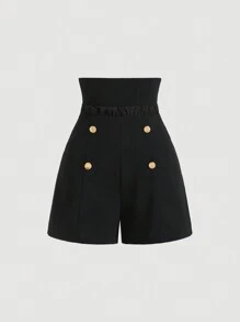 SHEIN MOD Quần short nữ cạp cao màu đen viền ren, dây kéo trang trí và thắt lưng cho phong cách sang trọng trong mùa hè - màu đen - Xem 1