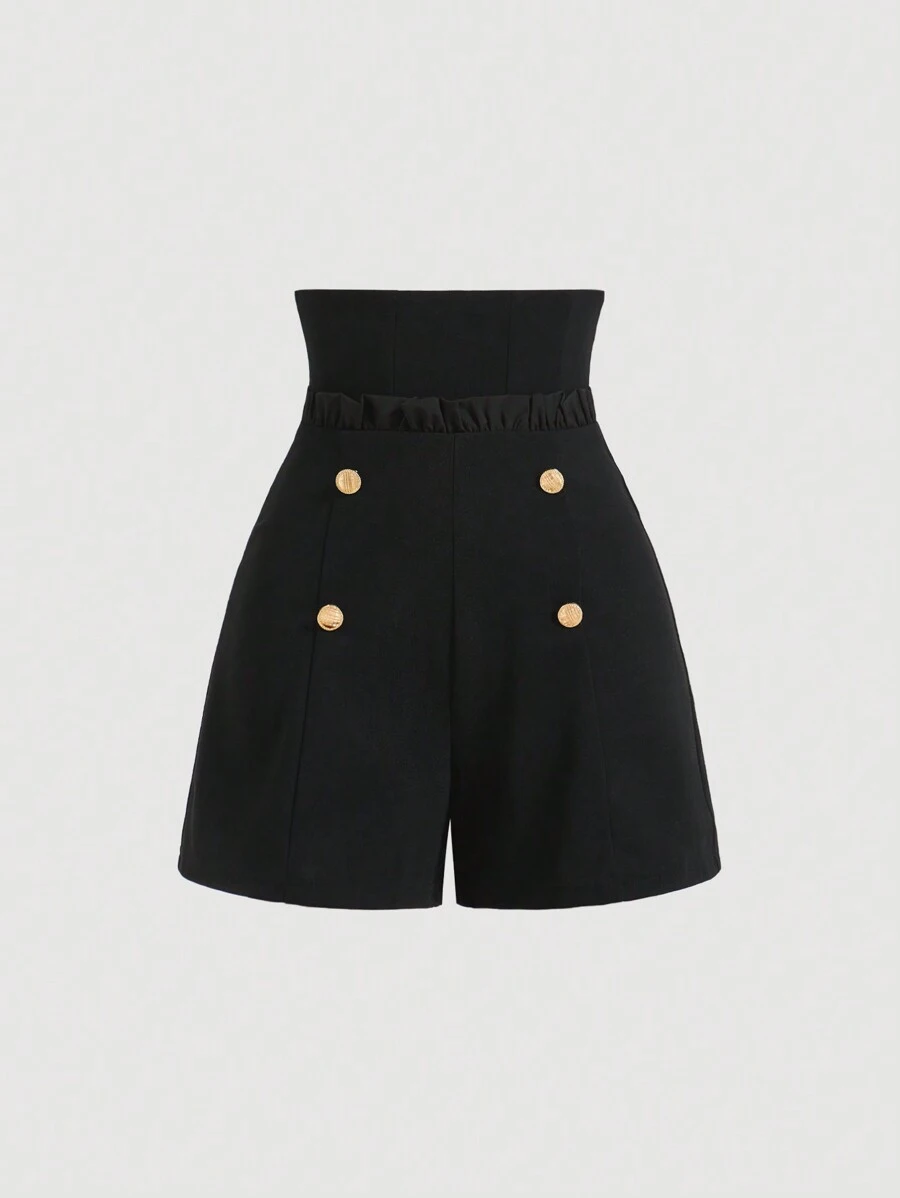 SHEIN MOD Quần short nữ cạp cao màu đen viền ren, dây kéo trang trí và thắt lưng cho phong cách sang trọng trong mùa hè - màu đen - Xem 1