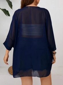 SHEIN Clasi Plus Size Plain See-Through Vacation Casual Coat - Royal Blue - View 2