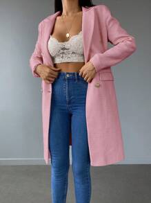 RueChic Lapel Collar Double Breasted Overcoat - Pink - View 5