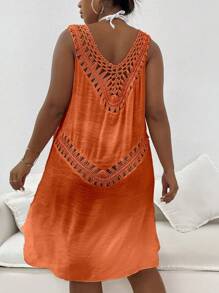 cache-maillot de plage décontractée grande taille sans manches en couleur unie avec coutures creuses - Orange - Voir 2