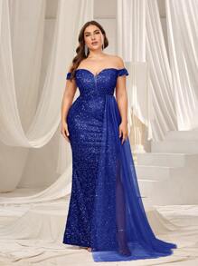 Faeriesty Elegant Curve-Hugging Plus Size Off-Shoulder Formal Evening Gown, High Slit Mermaid Tail Design, Crafted For Sophisticated Women | Perfect For Galas, Weddings, Formal Dinners, Awards Ceremonies And Charity Balls - Royal Blue - View 3