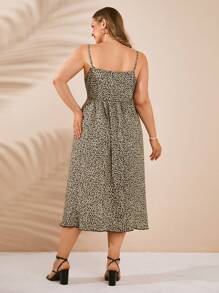 RueChic Plus Ditsy Wrap Knot Side Cami Dress - Apricot - View 3