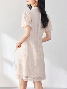 Elegant Summer Cheongsam Dress With Improved Lantern Sleeves And Chinese Style Buttoned Collar, Ladies Lace Qipao Dress - Orange - View 2