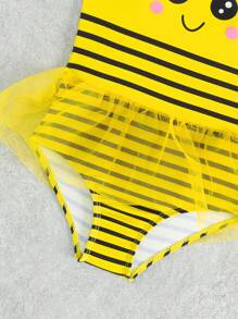 Traje de baño para bebé niña con estampado de dibujos animados, mangas contrastantes de malla con volantes para vacaciones en la playa - Multicolor - Ver 4