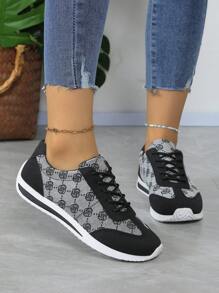 Damskie sznurowane płaskie buty z dzianiny w kwiatowy wzór z okrągłym czubkiem, czarne dżinsowe trampki w stylu retro, na wiosnę i jesień