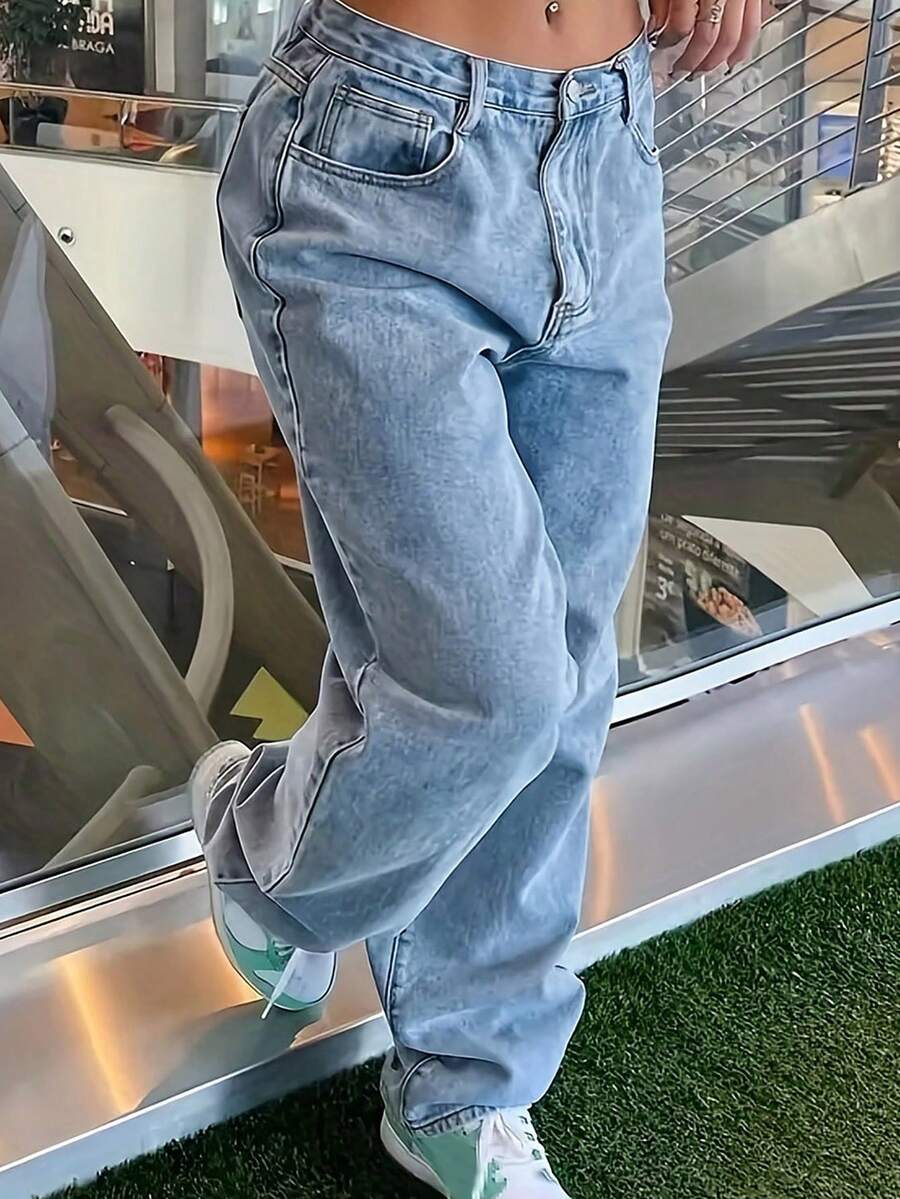 女式宽松直筒牛仔裤，带口袋，休闲