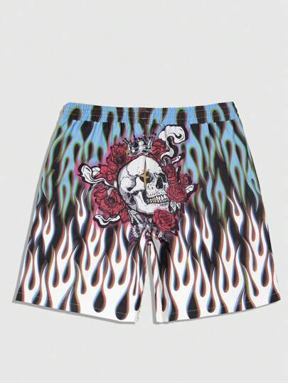 Grunge Punk Men's Flame Skull & Floral Printed Drawstring Waist Shorts For Summer