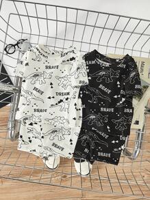 SHEIN Đứa bé trai Vừa Khít Hoạt hình Nhỏ bé Đồ họa khủng long Vòng cổ Ngắn tay Áo Và Quần short 4pcs Giải trí - Đen và trắng - Xem 1