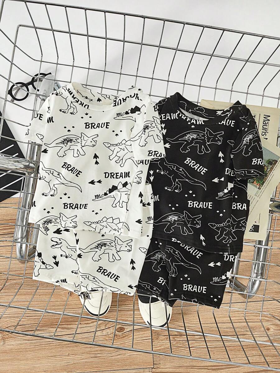 SHEIN Đứa bé trai Vừa Khít Hoạt hình Nhỏ bé Đồ họa khủng long Vòng cổ Ngắn tay Áo Và Quần short 4pcs Giải trí - Đen và trắng - Xem 1