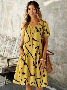 EMERY ROSE Women V-Neck Printed Dress With Pockets, Suitable For Casual Daily Spring And Summer Outfits - Yellow - View 3