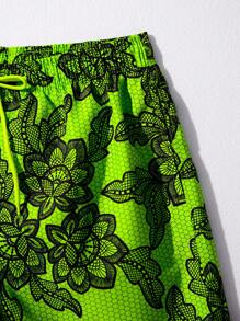 Manfinity KASUA Men Floral Print Drawstring Wide Leg Beach Shorts For Vacation - Green - View 3