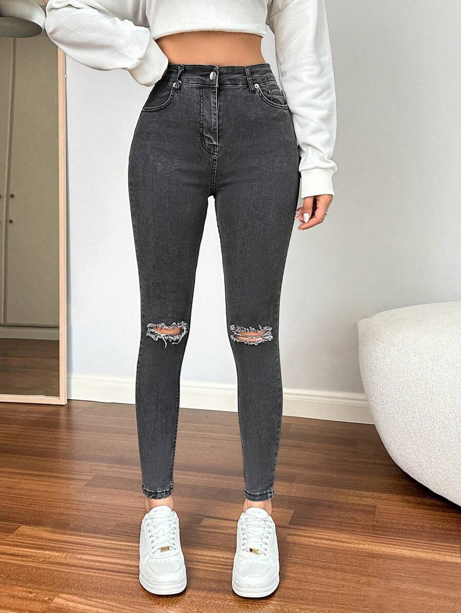 Cottnline Women'S Slim Fit Distressed Denim Jeans - Light Grey - View 1