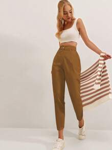 SHEIN Cottnline Solid Color Pleated Fold Over Tapered Capri Pants - Camel - View 7