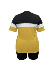 Women Summer Sports Suit, Fashion Color Block Round Neck Short Sleeve T-Shirt And Drawstring Shorts Set