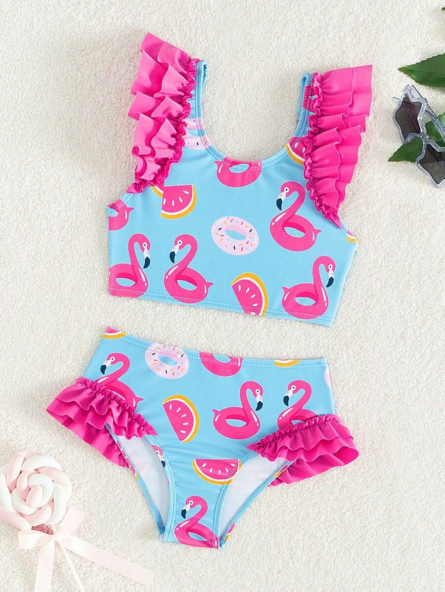 SHEIN Young Girl Cartoon Printed Bikini Set With Ruffled Trim, Ideal For Beach Vacation - Multicolor - View 1