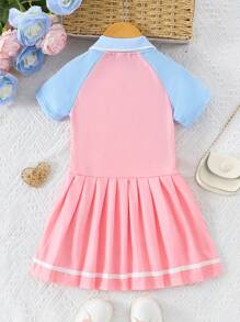 Gaun Bayi Perempuan Kontras Mesh Berlipat Tombol Depan Hewan Kartun Blok Warna Grafis Striped - MultiWarna - View 2