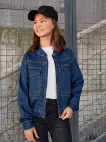 RueChic Tween Girl Denim Jacket With Flap Pockets - Blue - View 1