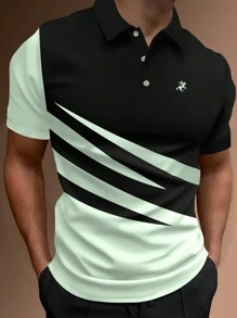 Manfinity Homme 男士夏季騎士印花條紋短袖休閒Polo衫 - 綠色 - 查看 1