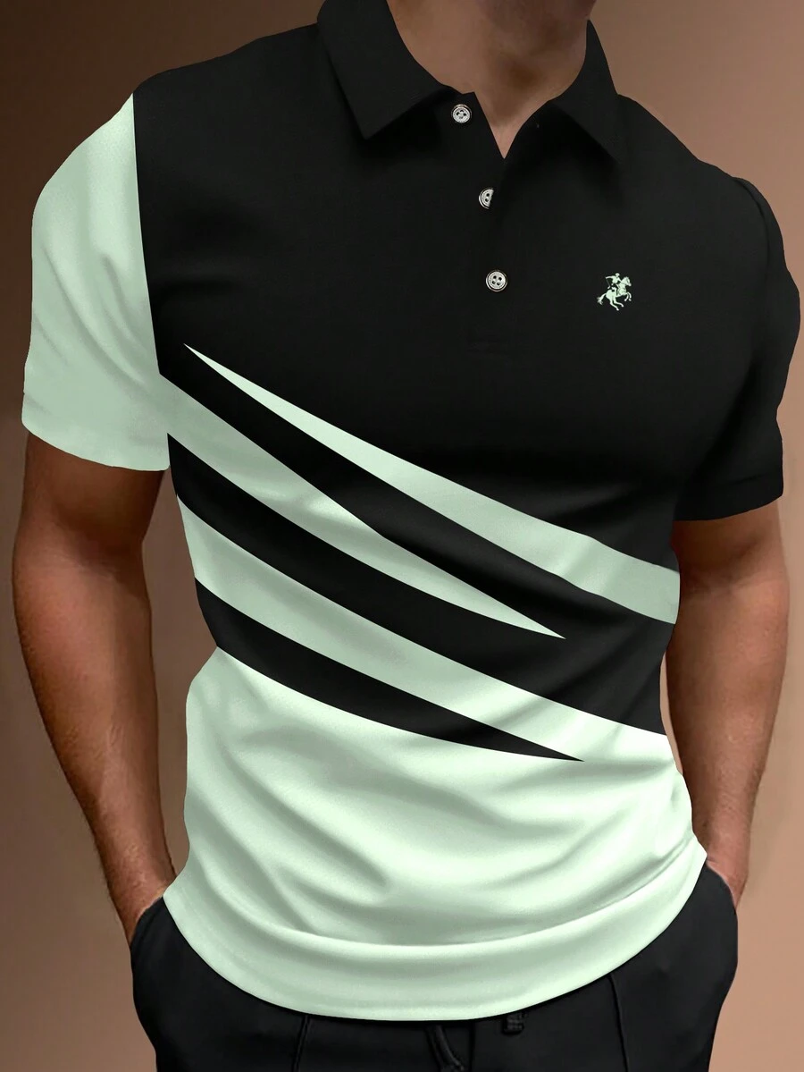 Manfinity Homme 男士夏季騎士印花條紋短袖休閒Polo衫 - 綠色 - 查看 1