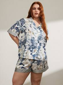 LUVLETTE Bộ đồ ngủ cỡ lớn dành cho nữ họa tiết hoa nghệ thuật bằng vải satin - Nhiều màu - Xem 4