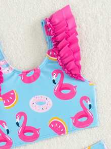 SHEIN Young Girl Cartoon Printed Bikini Set With Ruffled Trim, Ideal For Beach Vacation - Multicolor - View 3