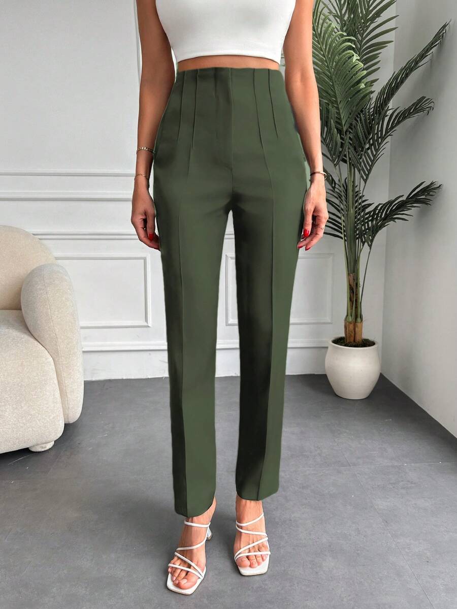 SHEIN Cottnline High Waisted Solid Color Suit Pants - Olive Green - View 1