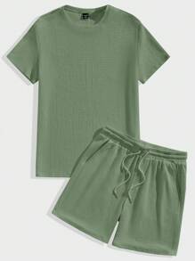 Manfinity Homme Conjunto Casual Masculino de Verão com Camiseta de Manga Curta e Shorts de Cor Sólida - Verde - Visão 1