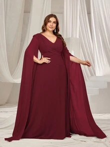 Faeriesty Plus Ruched Front Extra-Long Sleeve Chiffon Party Dress, Wedding Guest Dress - Burgundy - View 3