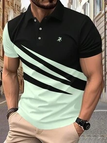 Manfinity Homme 男士夏季騎士印花條紋短袖休閒Polo衫 - 綠色 - 查看 7