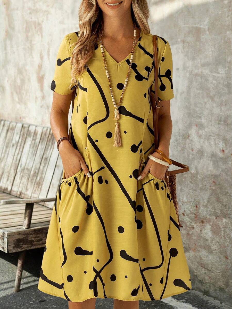 EMERY ROSE Women V-Neck Printed Dress With Pockets, Suitable For Casual Daily Spring And Summer Outfits - Yellow - View 1