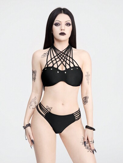 Goth Women's Solid Color Bikini Set With Stud Decoration, Halter Neck, Two-Piece Bikini Set, Summer Beach, Halloween