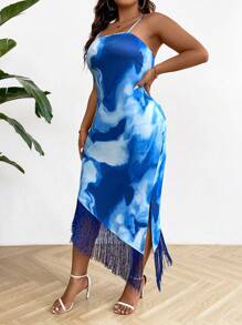 SHEIN Clasi Plus Size Mùa Hè Gợi Cảm Dây Buộc In Viền Viền Slim Fit Spaghetti Dây Đầm - Nhiều màu - Xem 5