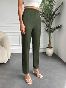 SHEIN Cottnline High Waisted Solid Color Suit Pants - Olive Green - View 3