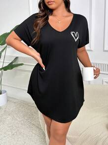 Miss Vinta Plus Size Mùa hè Thường ngày thân thiện với làn da Váy ngủ hình trái tim in hình vòng cung Hem - màu đen - Xem 4