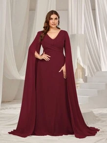 Faeriesty Plus Ruched Front Extra-Long Sleeve Chiffon Party Dress, Wedding Guest Dress - Burgundy - View 1