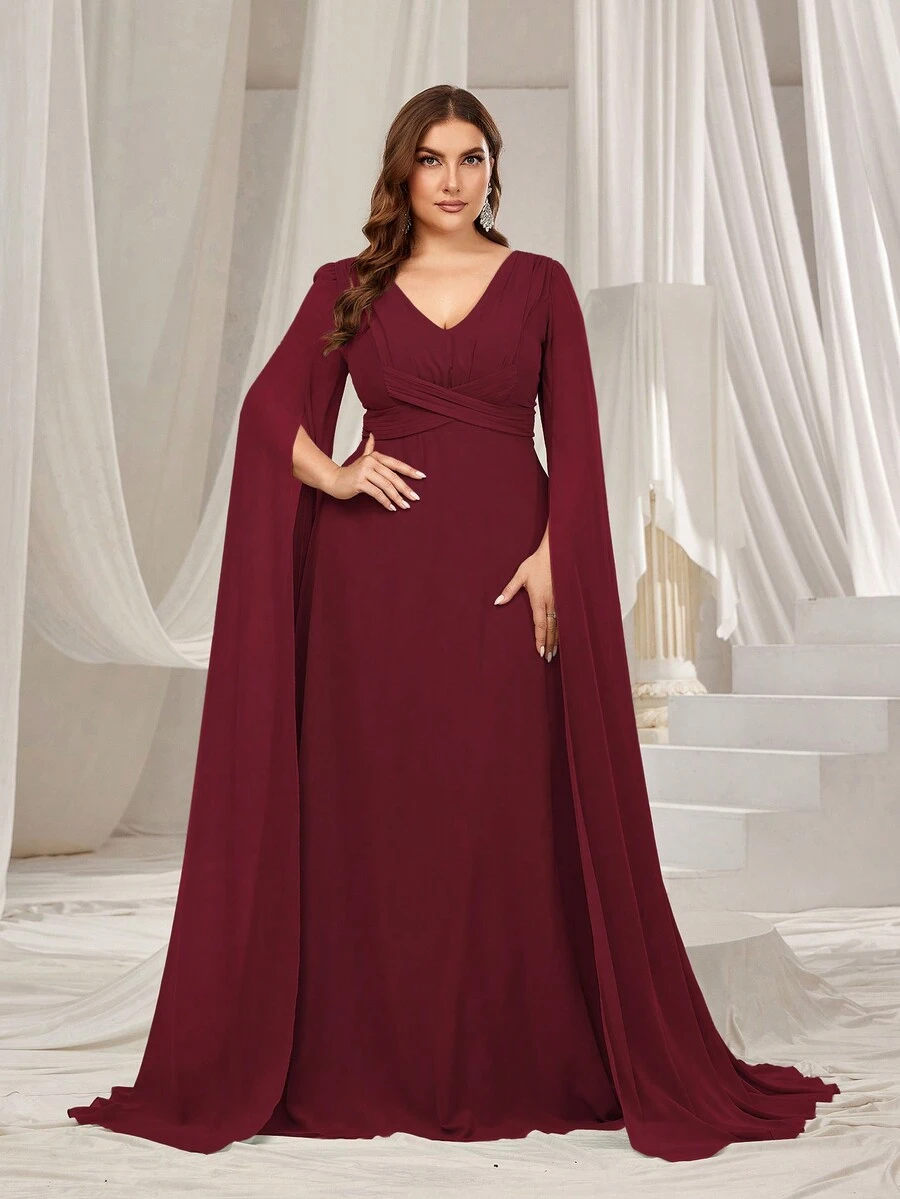 Faeriesty Plus Ruched Front Extra-Long Sleeve Chiffon Party Dress, Wedding Guest Dress - Burgundy - View 1