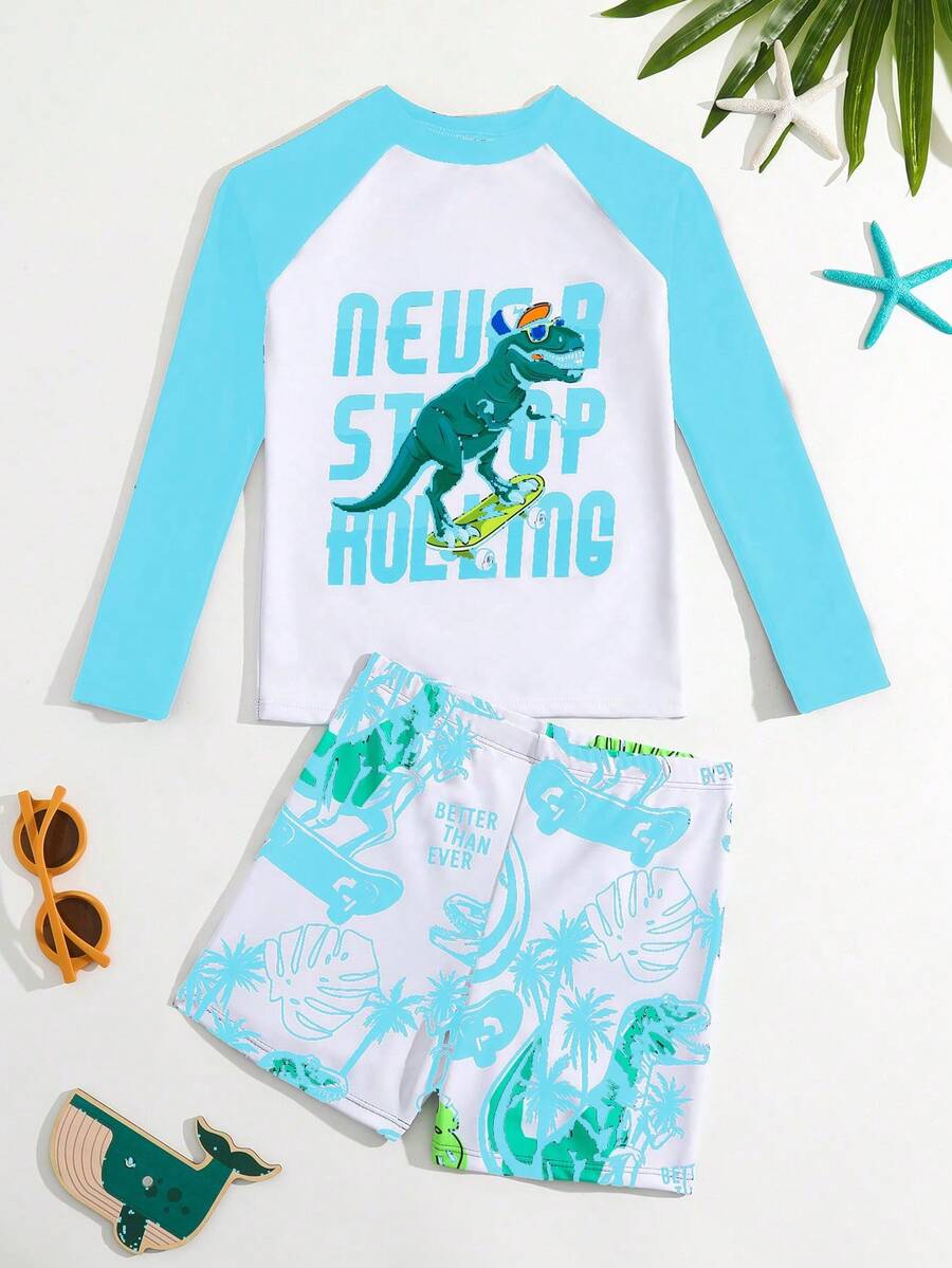 青少年男孩口號卡通恐龍印花落肩袖上衣和短褲休閒泳裝套裝 - 藍色 - 查看 1