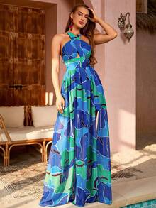 LOVE&LEMONADE 性感花卉印花度假吊带深 V 领开衩连衣裙，露背设计 - 藍色 - 查看 6