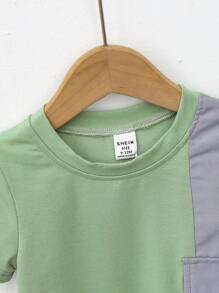 Baby Boy Summer Casual Color Block Short Sleeve Top & Solid Shorts Set - Green - View 5