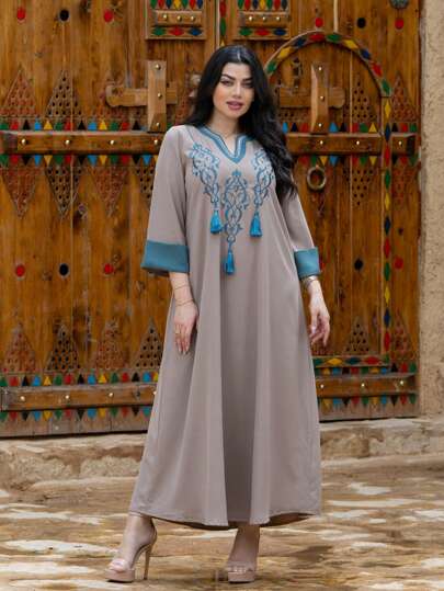Modisches, weites, bedrucktes, langes, elegantes Kleid im arabischen Stil für Frauen, Eid Frühling
